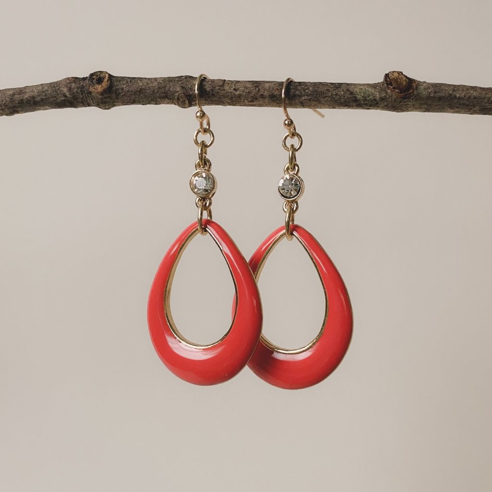 Open Teardrop Bright Coral Enamel Gold Summer Rhinestone Boho Dangle Earrings